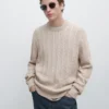 Cable-Knit 100% Cotton Sweater with Crew Neck