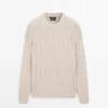 Cable-Knit 100% Cotton Sweater with Crew Neck