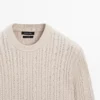 Cable-Knit 100% Cotton Sweater with Crew Neck