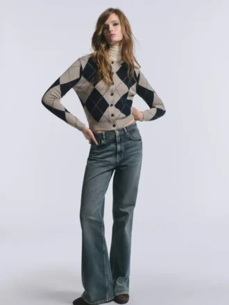 Cotton Blend Argyle Knit Cardigan