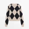 Cotton Blend Argyle Knit Cardigan