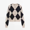 Cotton Blend Argyle Knit Cardigan