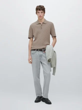 Cotton Blend Cable-Knit Polo Sweater