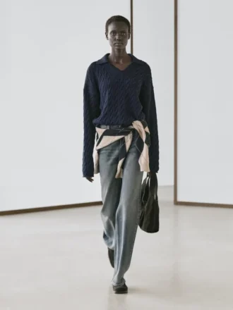 Cotton Blend Knit Polo Collar Sweater