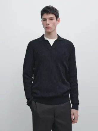 Cotton Blend Knit Polo Sweater