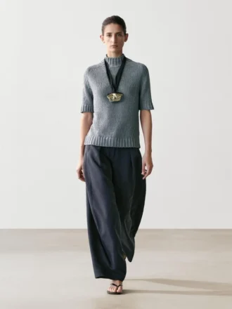 Cotton Blend Knit Sweater with Mock Turtleneck