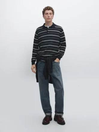 Cotton Blend Striped Knit Polo Sweater