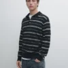 Cotton Blend Striped Knit Polo Sweater