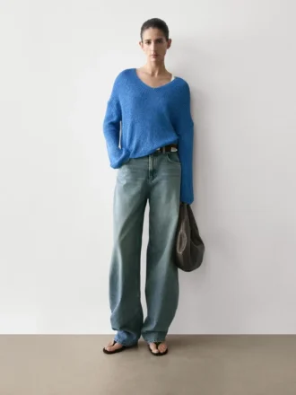 Cotton Blend V-Neck Knit Sweater