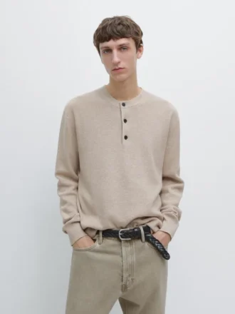 Cotton Knit Henley Neck Sweater