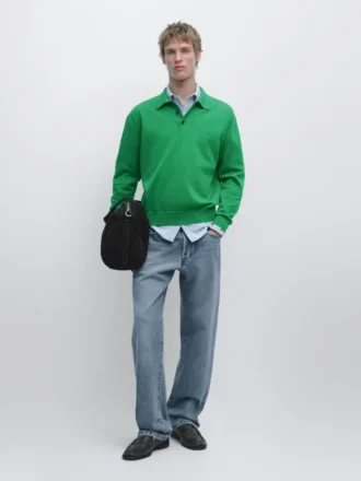 Cotton Knit Polo Collar Sweater