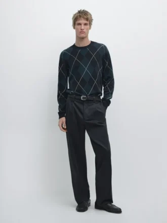 Cotton Knit Sweater with Argyle Detail