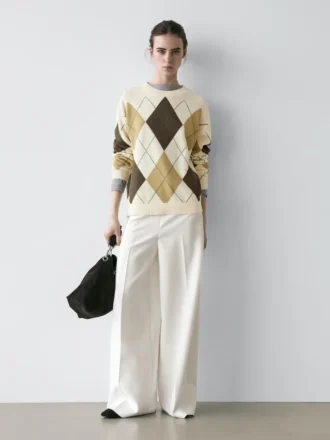 Cotton Knit Sweater with Argyle Detail