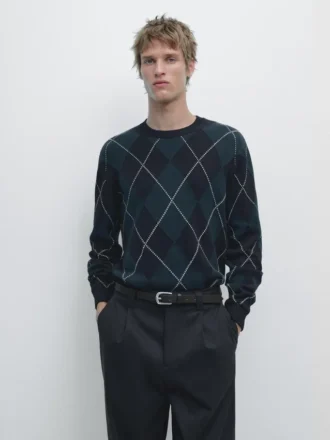 Cotton Knit Sweater with Argyle Detail