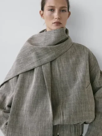 Flecked Bomber Jacket with Scarf