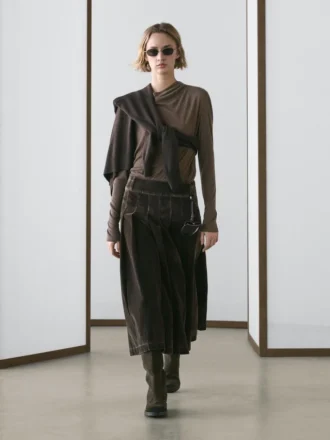 Flocked Denim Midi Skirt with Box Pleats