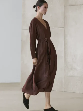 Flowing Linen Blend Midi Dress with Belt
