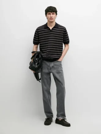 Knit Polo Sweater with Contrast Stripes