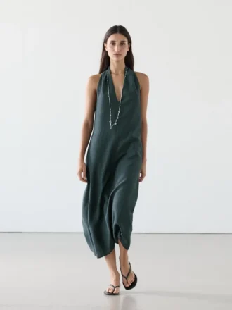 Linen Blend Midi Dress with V-Neckline