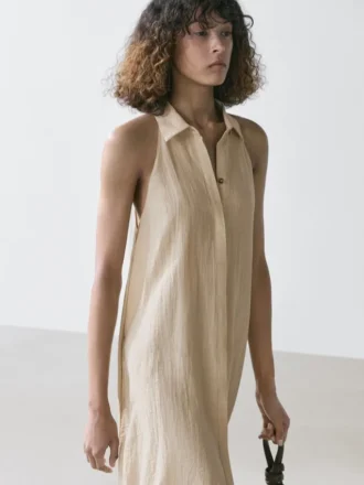 Linen Blend Polo Collar Midi Dress