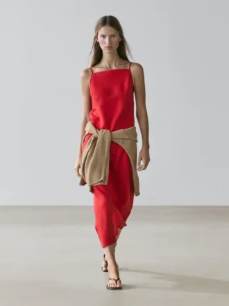 Linen Midi Dress with Straight Neckline