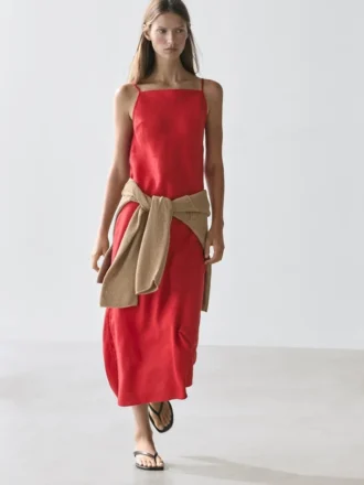 Linen Midi Dress with Straight Neckline
