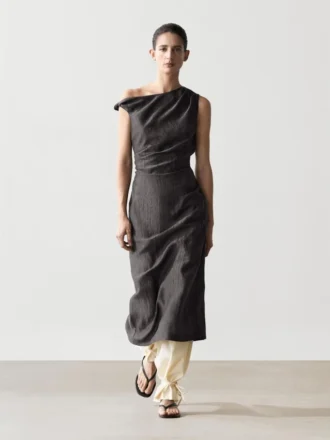 Midi Dress with Pleated Shoulder Detail