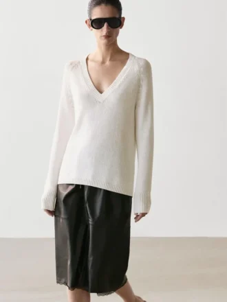 Nappa Leather Midi Skirt with Lace Detail