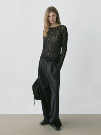 Openwork Knit Top with Long Sleeves and Lace