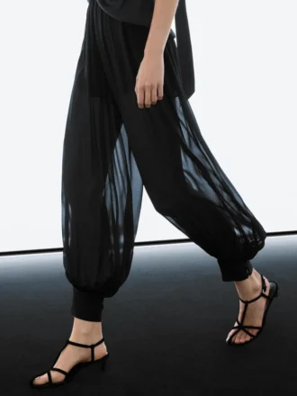 Semi-Sheer Sarouel Trousers with Button Details