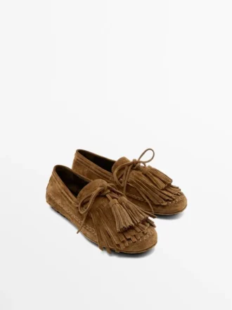 Split Suede Loafers with Fringing and Tassels