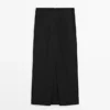 Straight Linen Blend Midi Skirt