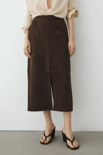 Straight Nubuck Leather Midi Skirt