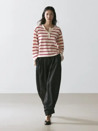 Striped Knit Cotton Henley Sweater