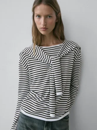 Striped Knit Sweater with Sleeve Detail
