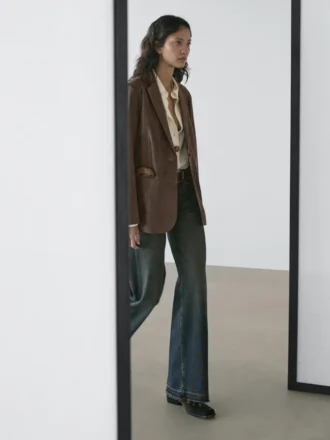 Suede Leather Blazer with Lapel Collar