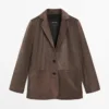 Suede Leather Blazer with Lapel Collar