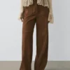 Suede Leather Wide-Leg Trousers with Pockets