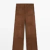 Suede Leather Wide-Leg Trousers with Pockets