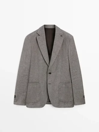 Tailored Linen Blend Herringbone Blazer