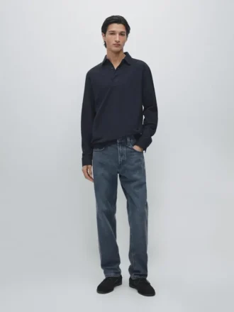 Textured Piqua Polo Shirt with Long Sleeves