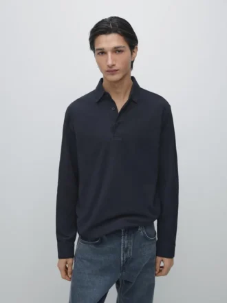 Textured Piqua Polo Shirt with Long Sleeves