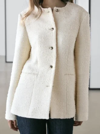 Textured Wool Blend Jacket with Rhinestone Buttons