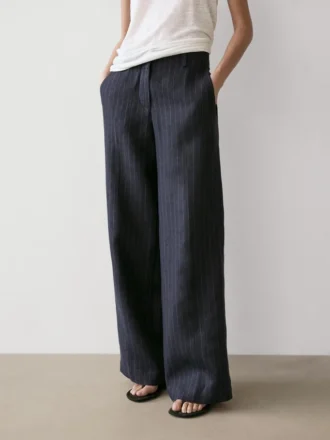 Wide-Leg Pinstripe Linen Trousers