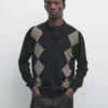 Wool Blend Argyle Knit Polo Sweater