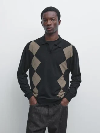 Wool Blend Argyle Knit Polo Sweater