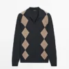 Wool Blend Argyle Knit Polo Sweater