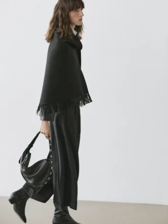 Wool Blend Knit Cape with Fringing