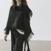 Wool Blend Knit Cape with Fringing