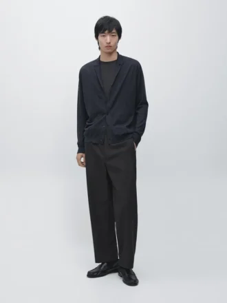 Wool Blend Knit Cardigan with Lapel Collar